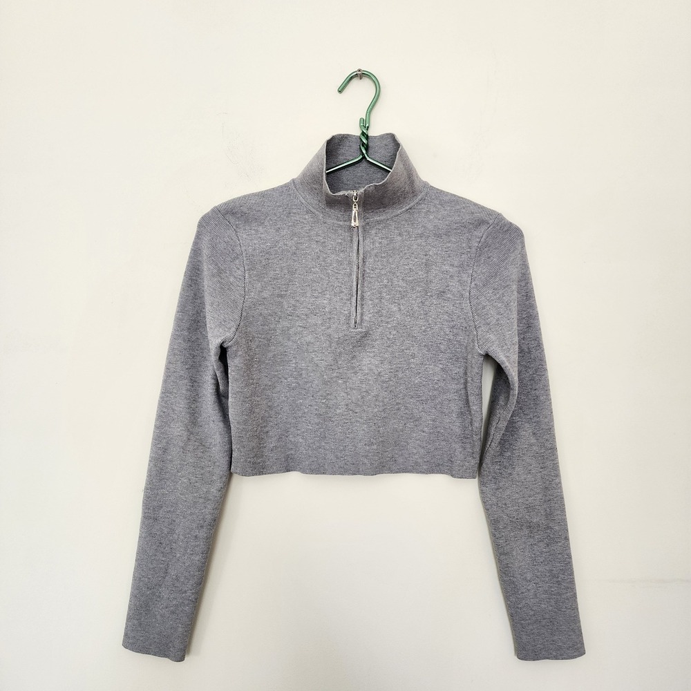 Finesse Gray Quarter Zip Cropped Sweater Mock Neck Ribbed Knit Top XS/S